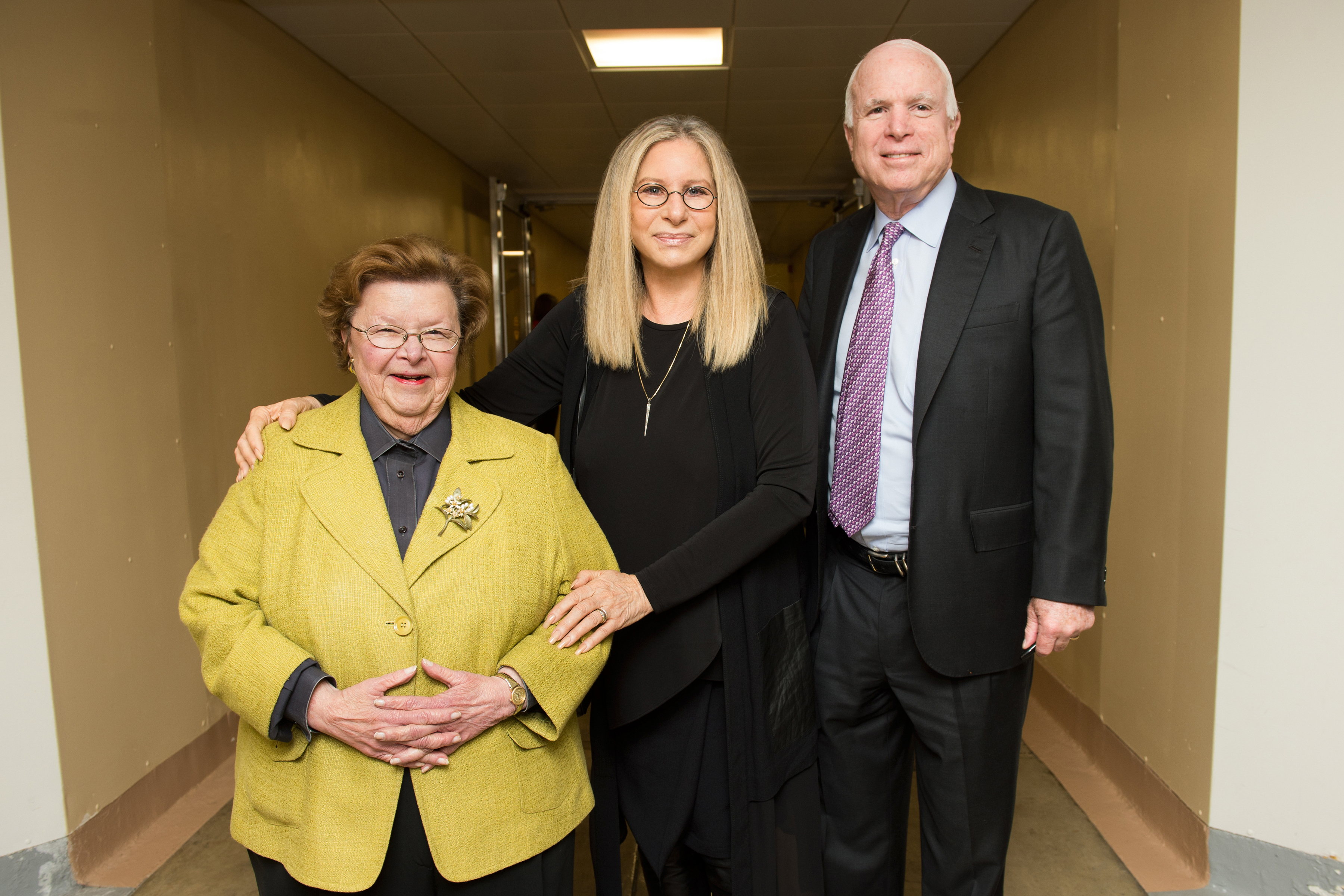 U.S. Senator Mikulski, left, U.S. Senator McCain, right, with Barbra Streisand. Streisand visited Capitol Hill in 2015 to educate key congressional staff about the need for more research on gender differences in heart disease.